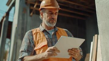 Construction Worker Reviews Project on Tablet at Construction Site photo