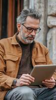 Focused Senior Man Using Tablet in Urban Setting photo