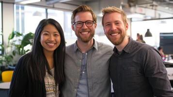 Happy Business Team Posing Together in Modern Office photo