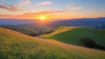 Majestic Sunset Over Rolling Hills and Lush Grasslands photo