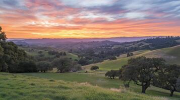 Sunrise over rolling hills and valleys, a picturesque rural landscape photo