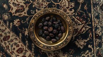 Vintage Gold Bowl Filled with Dates on a Luxurious Carpet photo