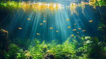Sublime Underwater Realm Sunlight Illuminates Aquatic Life photo
