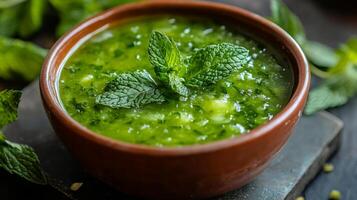 Vibrant Green Mint Soup in a Rustic Bowl - A Culinary Delight photo