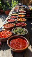 Colorful Variety of Dips and Sauces on Wooden Table photo