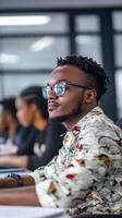 Thoughtful Man in a Patterned Shirt photo