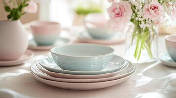 Elegant Table Setting with Pastel Ceramics, Floral Accents, and Soft Lighting - A Modern Still Life for Home Decor and Culinary Presentation photo