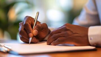 Crafting Success A Close-Up of Hands Writing on Paper, Perfect for Business, Contracts, and Signing Documents in a Professional Office Setting photo