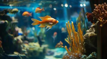Captivating Goldfish Serenity An Aquarium's Aquatic Ballet with Vibrant Coral Reefs and Exotic Marine Life, a Tranquil Underwater Realm. photo