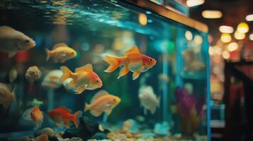 Serene Aquarium A Kaleidoscope of Goldfish Gracefully Swimming in Clear Waters, a Symphony of Aquatic Life and Tranquil Beauty, Ornamental Flora and Pebbled Substrate. photo
