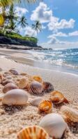 Tropical Beach Paradise Seashells on Golden Sand with Azure Ocean and Palm Trees, a Coastal Dream for Relaxation and Vacation Getaway. photo
