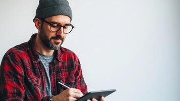 Man Using Tablet Digital Technology, Modern Lifestyle, Communication, and Online Business - A Portrait of a Person Working with a Smart Device photo