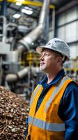 Industry Professional Focused Engineer in Hardhat Overseeing Factory Operations, Ensuring Safety and Quality with Expertise in Manufacturing and Construction Site Development. photo