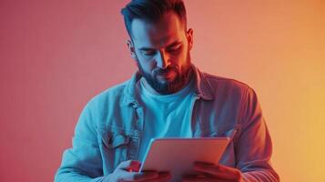 Focused Man Using Tablet Under Neon Lights photo