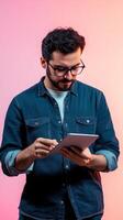 Man Engaged with Tablet A Study in Modern Connectivity, Showcasing Technology, Style, and the Digital Lifestyle in a Vibrant Pink Hued Setting, Inspiring Innovation photo