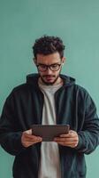 Man Engaged with Tablet A Portrait of Modern Connectivity, Using Digital Device for Communication, Information, and Social Media in Contemporary Lifestyle photo