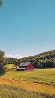 Idyllic Countryside A Red Barn Nestled in a Golden Field Under a Clear Blue Sky, Surrounded by Lush Green Trees and Rolling Hills, Evoking a Sense of Rural Tranquility photo
