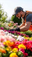Man tending colorful flowers in garden, a vibrant display of nature's beauty, showcasing gardening, horticulture, and the joys of outdoor cultivation in spring. photo