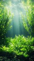 Verdant Depths An Underwater Scene of Aquatic Plants Bathed in Sunlight, a Lush and Tranquil Ecosystem of Vibrant Greenery and Serene Beauty photo