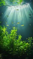 Enchanting Underwater Scene Fish Darting Through Sunlit Waters Amidst Lush Greenery, a Tranquil Aquatic Symphony of Life and Light, Nature's Serene Masterpiece photo