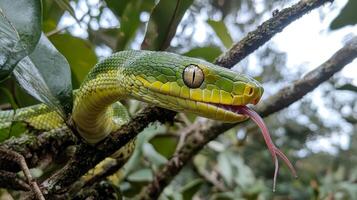 Emerald Serpent A Vibrant Green Viper Unveiling Its Bifurcated Tongue Amidst Verdant Foliage, A Captivating Glimpse into the Wild's Enigmatic Beauty photo