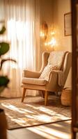 Serene Interior Wingback Chair Bathed in Golden Light, a Haven of Comfort and Style for Relaxing at Home, with Cozy Textiles, and a Warm, Inviting Ambiance. photo
