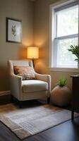 Serene Interior A Cozy Armchair by the Window, Bathed in Soft Light, Complemented by a Stylish Rug, Decorative Accents, and a Touch of Nature for Ultimate Relaxation. photo