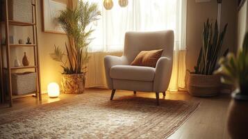 Serene Interior A Cozy Room with Plants, a Comfortable Chair, and Warm Lighting for Relaxation and Modern Home Decor, Creating a Stylish and Inviting Atmosphere photo