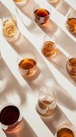 An Array of Spirits A Minimalist Still Life of Varied Alcoholic Drinks in Elegant Glassware, Casting Shadows on a Clean White Surface, Perfect for Tasting Events. photo
