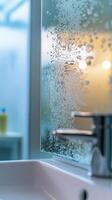 Abstract Reflections A Steamy Bathroom Mirror with Water Droplets, Capturing a Fresh and Modern Lifestyle with Clean Lines and a Minimalist Aesthetic photo