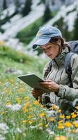 Woman Hiker Using Tablet in Mountain Meadow Capturing Nature's Beauty on a Digital Canvas photo