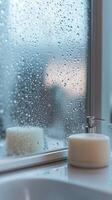 Serene Bathroom Still Life Raindrops on Window, Soap Dispenser Reflecting Cleanliness and Hygiene in a Modern, Minimalist Interior Setting photo