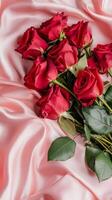 A bouquet of red roses on soft pink silk photo