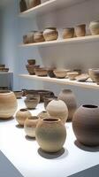 Rustic Pottery Collection Handcrafted Ceramic Vases and Bowls on Display, A Timeless Art of Clay, Rustic Style, and Decorative Craftsmanship photo
