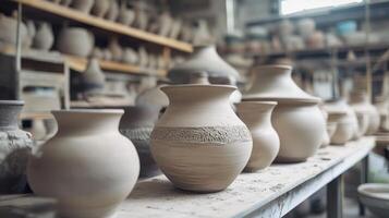 Serene Pottery Studio Handmade Ceramic Vases on Display - Crafting Art, Skill, and Design in a Clay Workshop, Firing and Glazing Techniques. photo