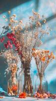 Ethereal Still Life Dried Flowers in Glass Vases, a Nostalgic Bouquet with Soft Light and Pastel Tones, Perfect for Home Decor and Romantic Backgrounds photo