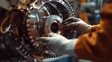Intricate Metalwork Precision Assembly of Industrial Machinery - A Symphony of Engineering, Technology, and Manufacturing Excellence in Steel and Chrome. photo