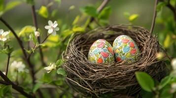 Delicate Floral Easter Eggs in a Rustic Nest, A Celebration of Springtime Traditions and Colorful Holiday Decorations, A Festive Season of Renewal and Joy photo