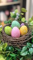 A Vibrant Celebration Colorful Easter Eggs Nestled in a Natural Nest, Surrounded by Lush Greenery, Embodiment of Spring's Renewal and Joyful Festivities. photo