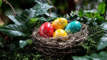 Vibrant Easter Eggs in Nest A Celebration of Spring, Color, and Tradition with Painted Designs, Floral Motifs, and Festive Cheer photo