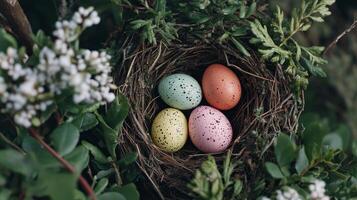 Enchanting Easter Pastel Speckled Eggs in a Rustic Nest Amidst Blooming Spring Foliage - A Celebration of New Life and the Beauty of Nature's Delicate Art photo