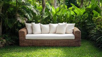 Tranquil Outdoor Haven Wicker Sofa with Cushions in Lush Tropical Garden - A Verdant Retreat for Relaxation and Serenity amidst Vibrant Greenery photo