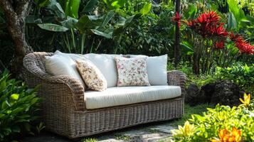 Tranquil Garden Oasis A Wicker Sofa Surrounded by Lush Greenery, Offering a Peaceful Outdoor Retreat for Relaxation and Serenity in a Tropical Landscape photo