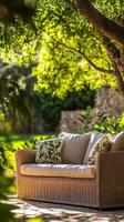 Idyllic Garden Retreat Wicker Sofa Amidst Lush Greenery photo