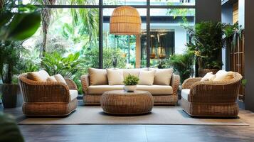 Serene Indoor Oasis Wicker Furniture Surrounded by Lush Greenery, Bathed in Natural Light for a Relaxing and Stylish Living Space, a Minimalist's Dream Home Decor. photo