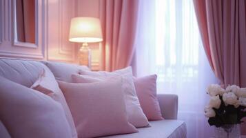 Elegant Interior with Pink Accents A Luxurious Home Decor Scene with Comfortable Sofa, Stylish Cushions, Soft Lighting, and a Beautiful Floral Arrangement photo