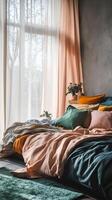 Inviting Bedroom Interior with Soft Textiles, Natural Light, and Cozy Decor for Relaxing Home Living. A Serene Space for Peaceful Sleep and Tranquil Moments. photo