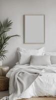 Serene Bedroom Interior A Minimalist Haven with Cozy Bedding, Elegant Decor, and a Blank Frame, Perfect for Relaxation in a Stylish, Modern Home Design photo