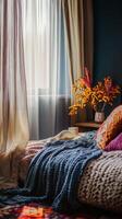 Inviting Bedroom Interior A Cozy Retreat with Soft Bedding, Natural Light, and Stylish Decor for Ultimate Comfort and Relaxation. A Haven of Tranquility at Home. photo