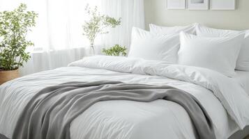 Serene Bedroom Oasis A Minimalist Haven of Comfort, Style, and Tranquility with Soft Linens, Pillows, and Natural Light for Relaxation and Peaceful Sleep photo